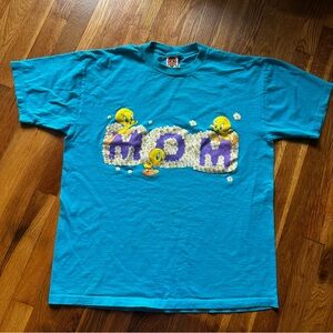 Vintage LooneyTunes MOM Tweety Teal Tee Large Fair Condition 100% Cotton